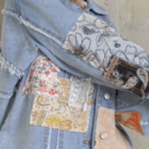 Patchwork Denim and Lace Jacket Distressed Boho Denim Shacket Mixed Floral Lace - Picture 16 of 17